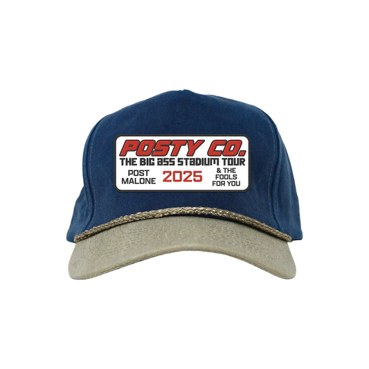 Post Malone Posty Co. denim patch hat front view in blue and khaki featuring Big Ass Stadium Tour 2025 logo patch and rope detail brim design
