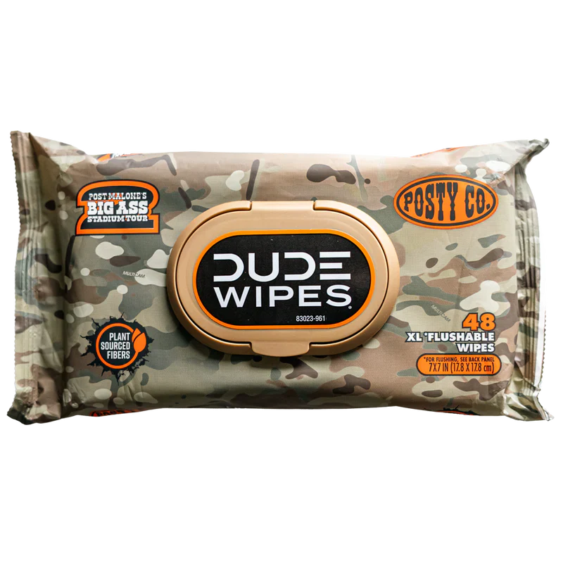Post Malone Posty Co. Dude Wipes 3 Pack packaging front view with camouflage design and Big Ass Stadium Tour branding details