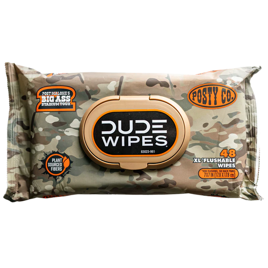Post Malone Posty Co. Dude Wipes 3 Pack packaging front view with camouflage design and Big Ass Stadium Tour branding details