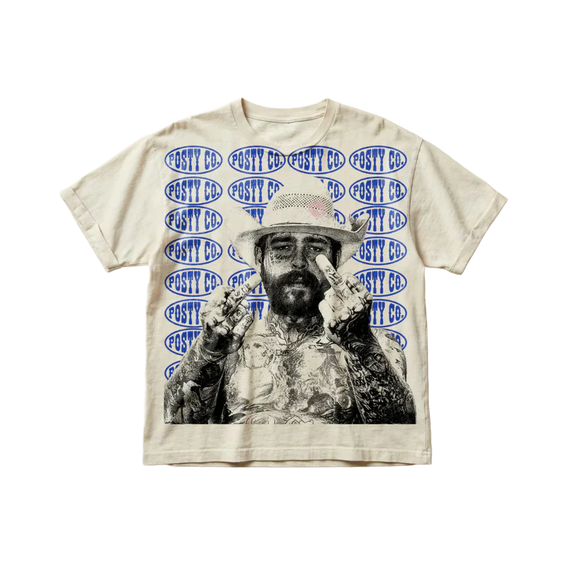 Post Malone Posty Co Middle Finger T shirt front view in cream featuring large portrait graphic with repeating Posty Co logo background artwork