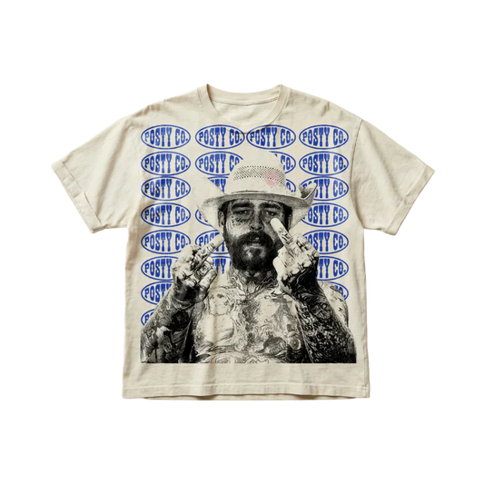 Post Malone Posty Co Middle Finger T shirt front view in cream featuring large portrait graphic with repeating Posty Co logo background artwork