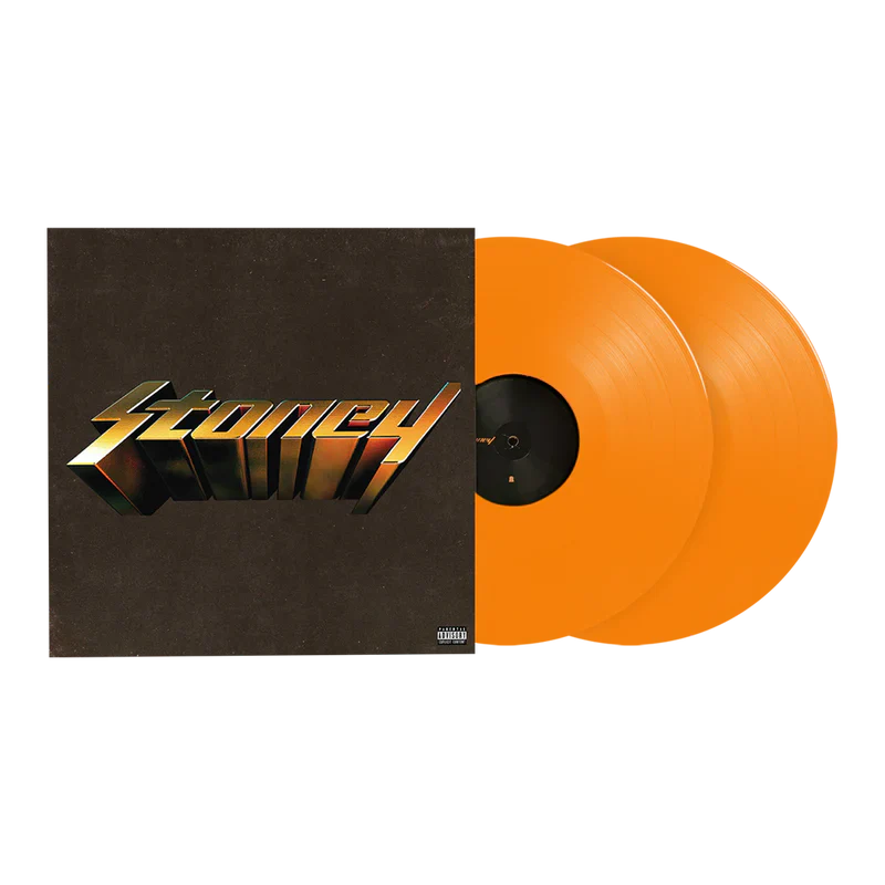Post Malone Stoney 2LP front view featuring iconic album cover artwork with orange double vinyl records displayed for collectors and fans
