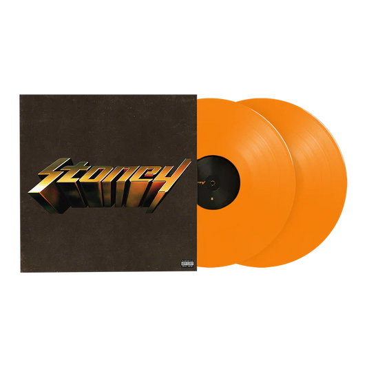 Post Malone Stoney 2LP front view featuring iconic album cover artwork with orange double vinyl records displayed for collectors and fans