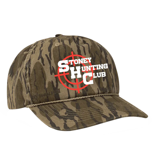 Post Malone Stoney Hunting Club camo hat front view featuring hunting club target logo graphic on camouflage cap with rope brim detail