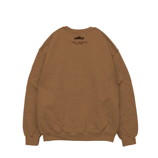 Post Malone Tan Keys Crewneck back view featuring Austin album logo detail near collar on brown crewneck sweatshirt with clean minimalist rear design