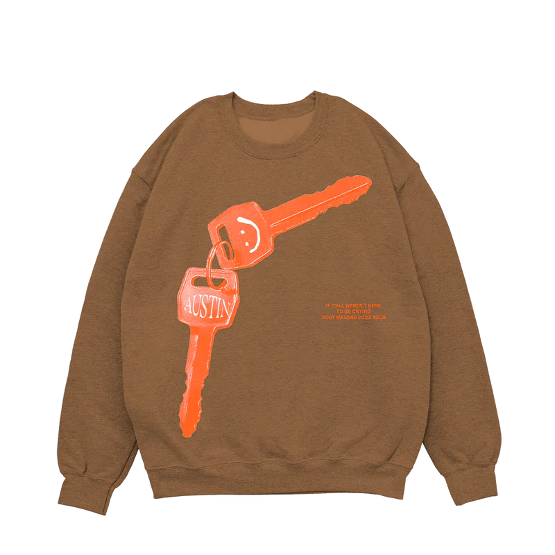 Post Malone Tan Keys Crewneck front view featuring oversized Austin key graphic artwork with 2023 tour inspired design on brown crewneck sweatshirt