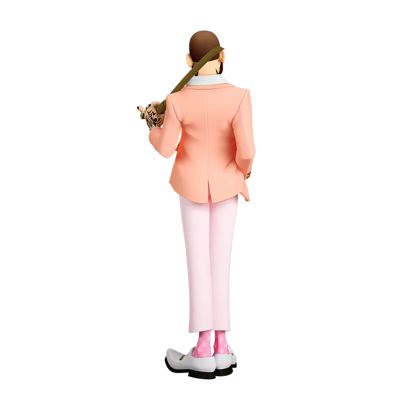Post Malone The Legend of Malone collectible figure back view showcasing tailored pink suit and bat accessory positioning