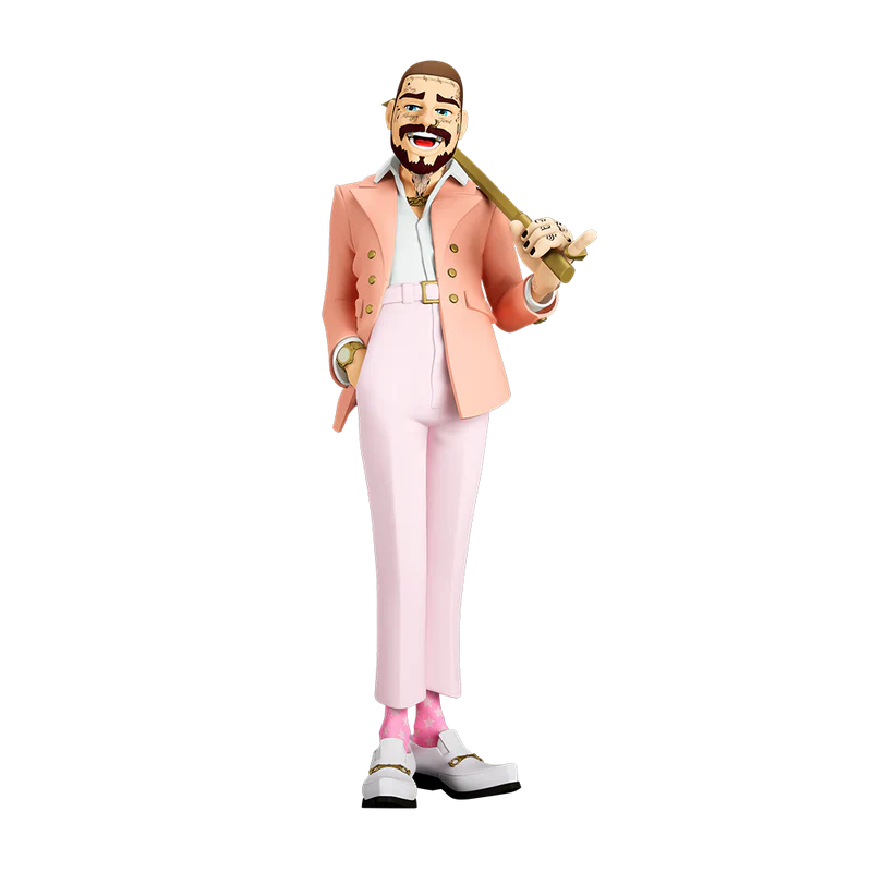 Post Malone The Legend of Malone collectible figure front view featuring signature pink suit and gold bat accessory display