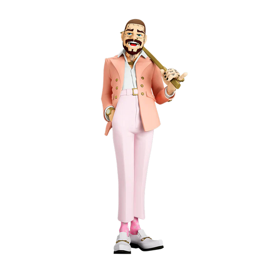 Post Malone The Legend of Malone collectible figure front view featuring signature pink suit and gold bat accessory display