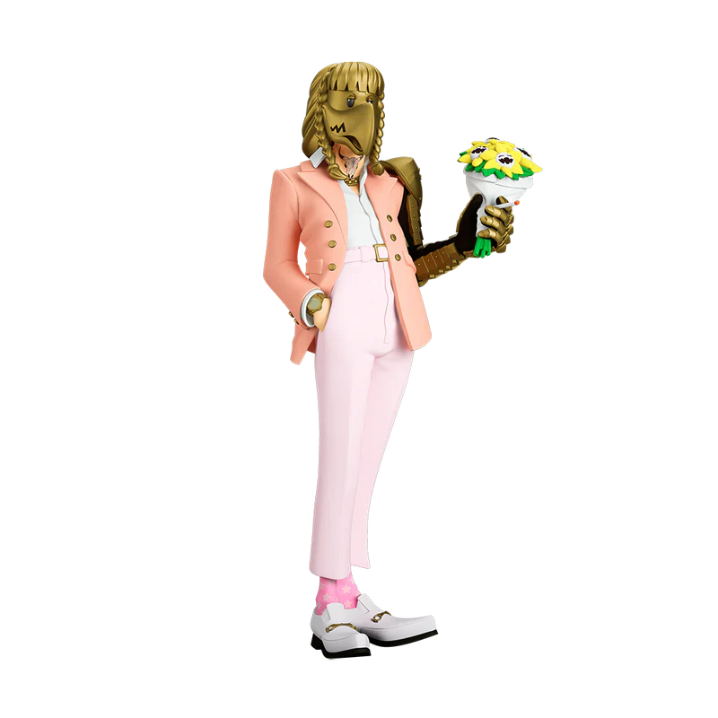 Post Malone The Legend of Malone collectible figure gold helmet variant front view with bouquet accessory and armored arm