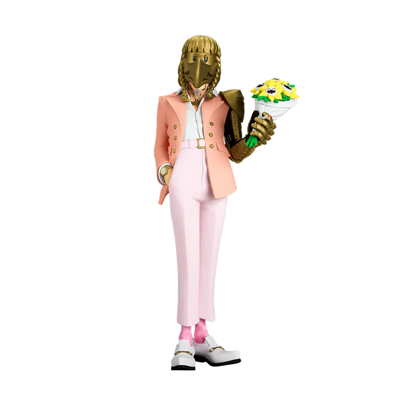 Post Malone The Legend of Malone collectible figure gold mask variant angled front view with sunflower bouquet and metallic armor