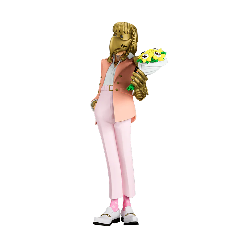 Post Malone The Legend of Malone collectible figure gold mask variant front view holding sunflower bouquet and armor details