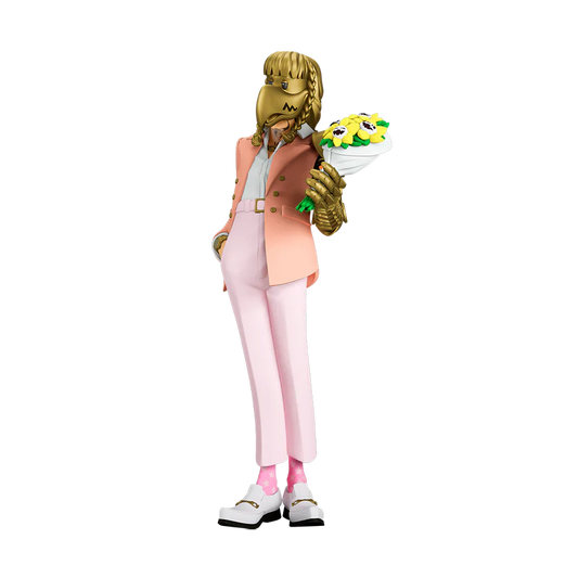 Post Malone The Legend of Malone collectible figure gold mask variant front view holding sunflower bouquet and armor details