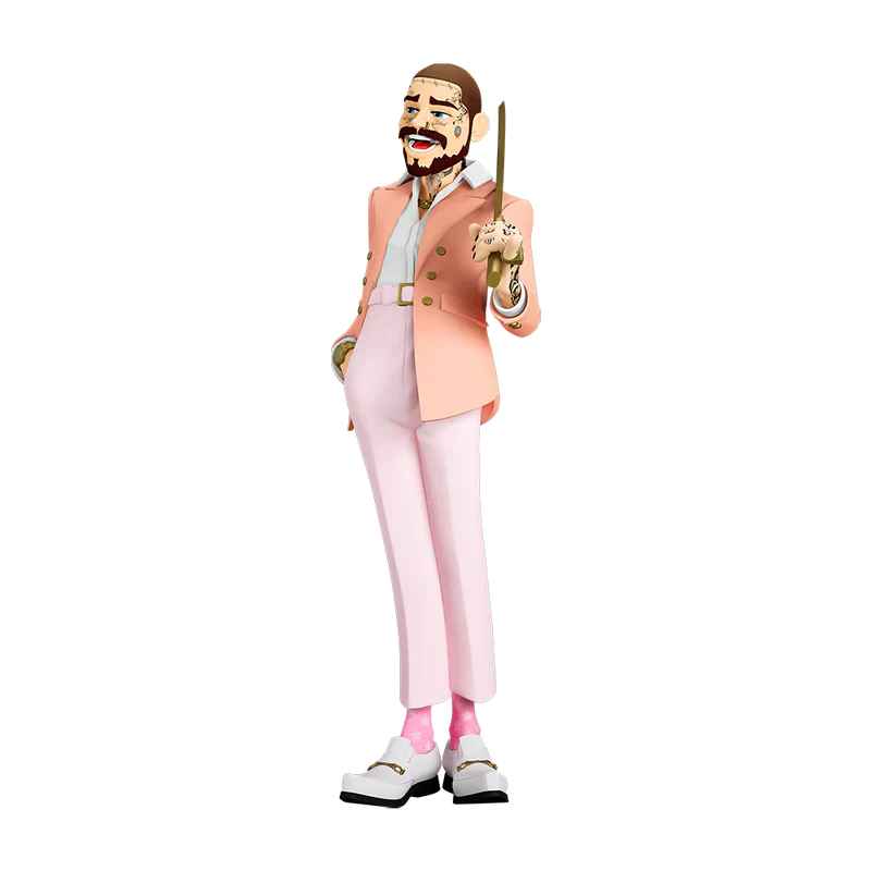 Post Malone The Legend of Malone collectible figure side view featuring gold bat accessory pink suit and character details