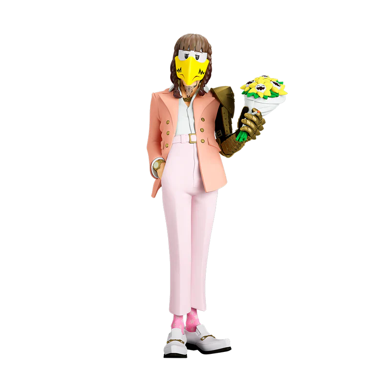 Post Malone The Legend of Malone collectible figure yellow mask variant angled front view with sunflower bouquet collectible display