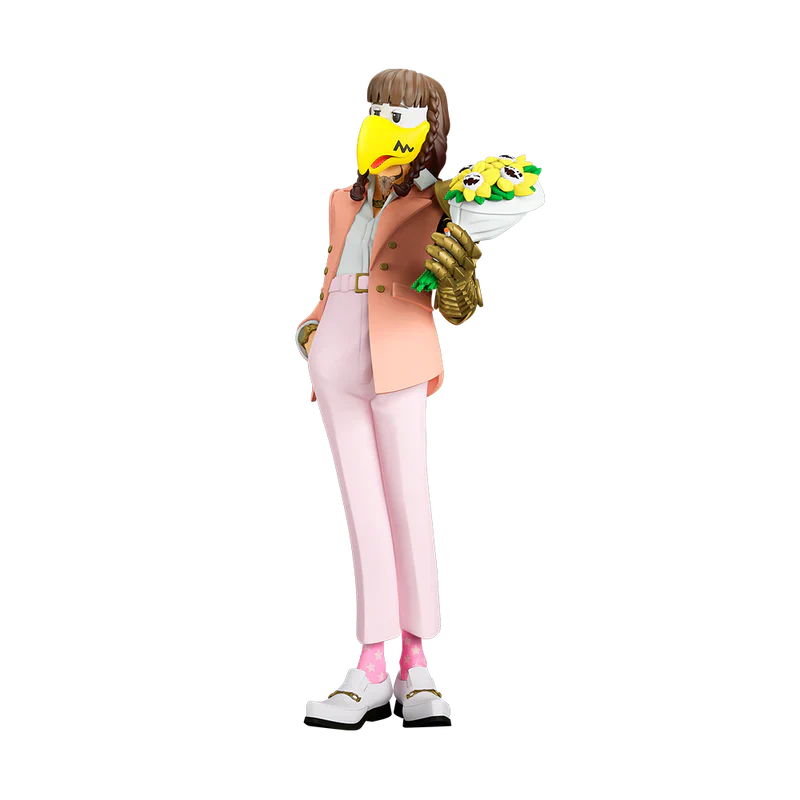 Post Malone The Legend of Malone collectible figure yellow mask variant front view holding sunflower bouquet with pink suit design