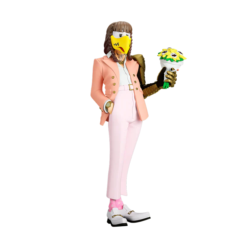 Post Malone The Legend of Malone collectible figure yellow mask variant side view featuring bouquet accessory and armor arm detail