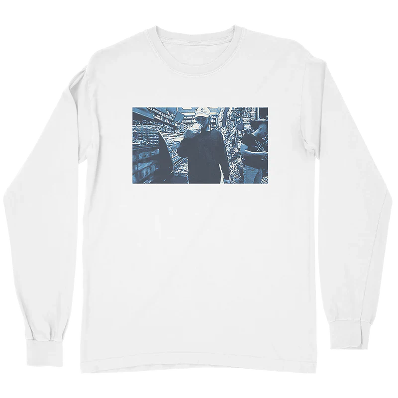 Post Malone Too Young long sleeve shirt front view in white featuring candid photo artwork inspired by the Too Young collection and era merchandise
