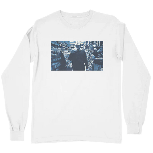 Post Malone Too Young long sleeve shirt front view in white featuring candid photo artwork inspired by the Too Young collection and era merchandise