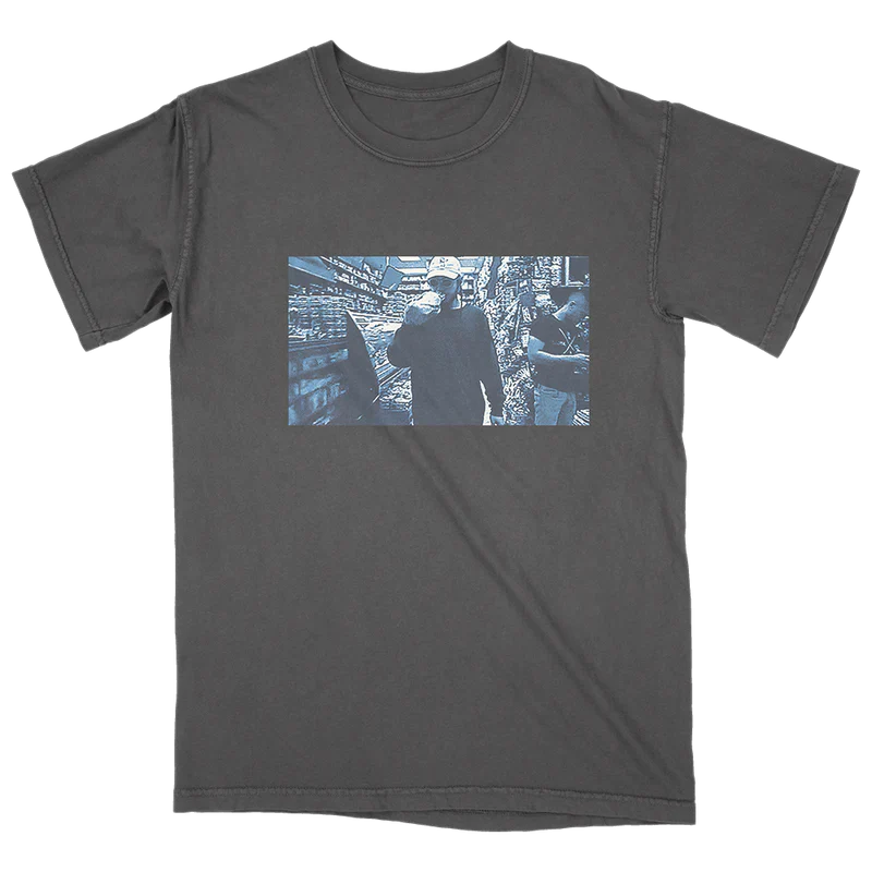 Post Malone Too Young T shirt front view in charcoal featuring candid photo graphic inspired by the Too Young era merchandise collection