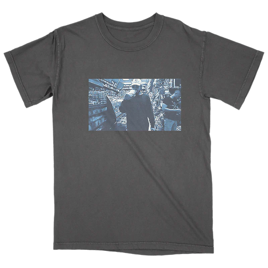 Post Malone Too Young T shirt front view in charcoal featuring candid photo graphic inspired by the Too Young era merchandise collection