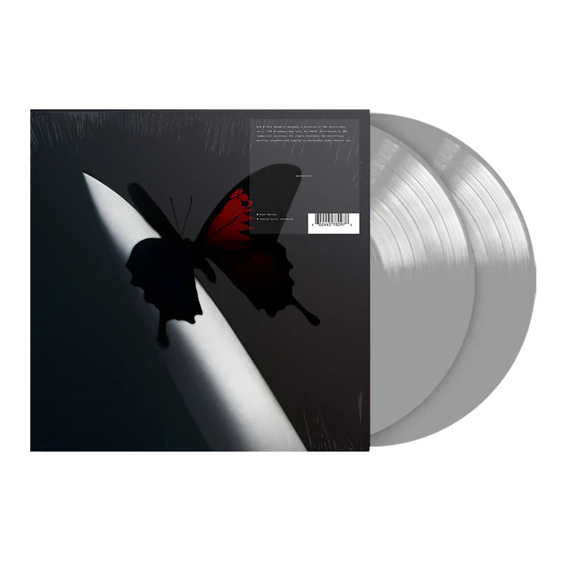 Post Malone Twelve Carat Toothache 2LP front view featuring butterfly album artwork with silver double vinyl records displayed beside sleeve for collectors and fans