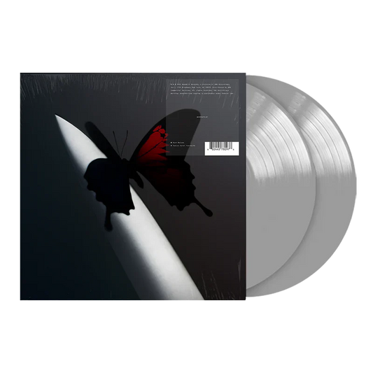 Post Malone Twelve Carat Toothache 2LP front view featuring butterfly album artwork with silver double vinyl records displayed beside sleeve for collectors and fans