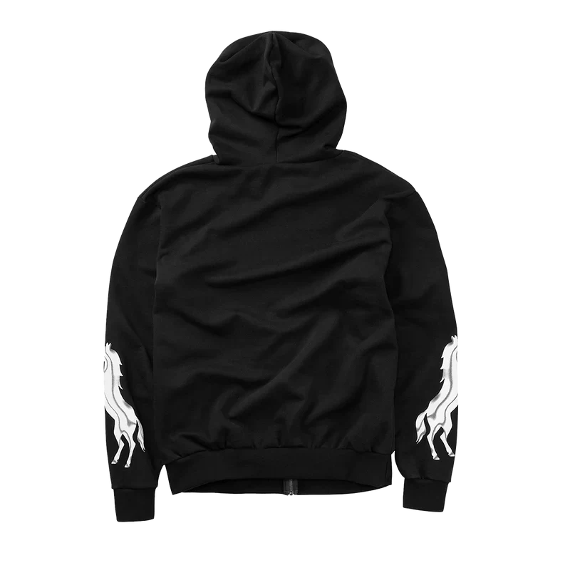 Post Malone x H-D Horsepower Full Zip Hoodie back view showcasing sleeve horse graphics and clean black hoodie design