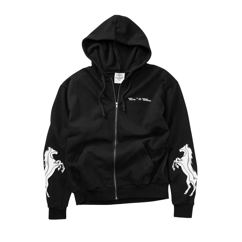 Post Malone x H-D Horsepower Full Zip Hoodie front view featuring Harley-Davidson collaboration logo and horse graphics on sleeves