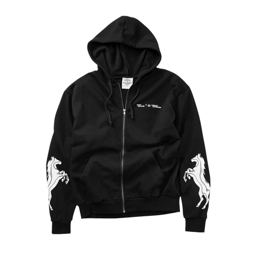Post Malone x H-D Horsepower Full Zip Hoodie front view featuring Harley-Davidson collaboration logo and horse graphics on sleeves