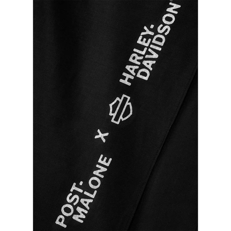 Close-up detail of Post Malone x Harley-Davidson co-branded sleeve logo graphic on the Horsepower Full Zip Hoodie