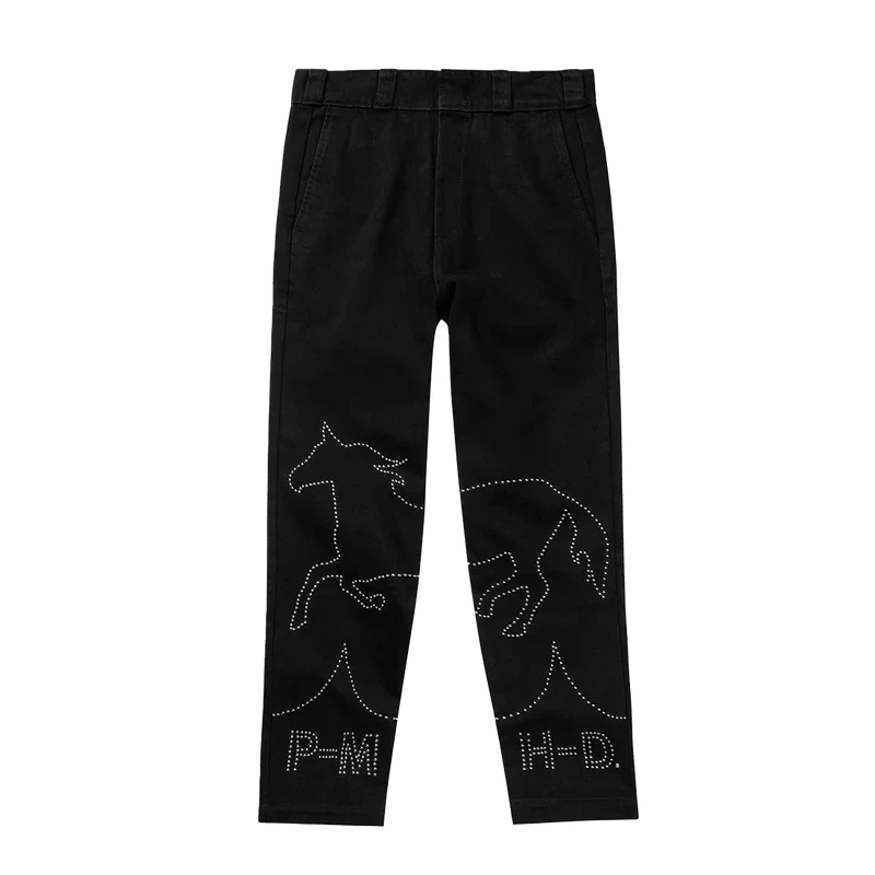 Post Malone x H-D Men's Studded Horsepower Denim Pants front view featuring rhinestone horse graphics and co-branded PM H-D artwork on black denim