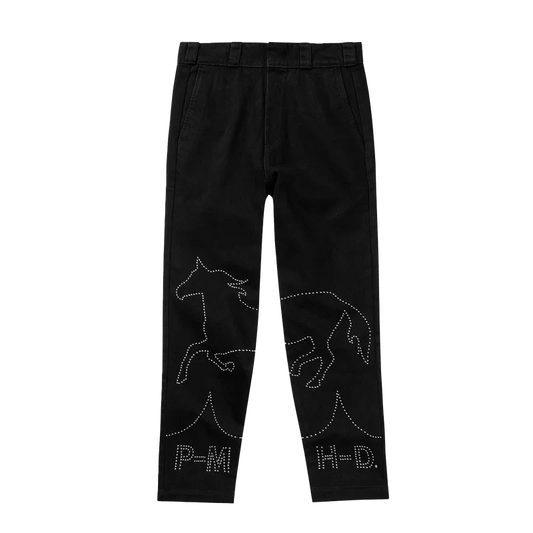Post Malone x H-D Men's Studded Horsepower Denim Pants front view featuring rhinestone horse graphics and co-branded PM H-D artwork on black denim