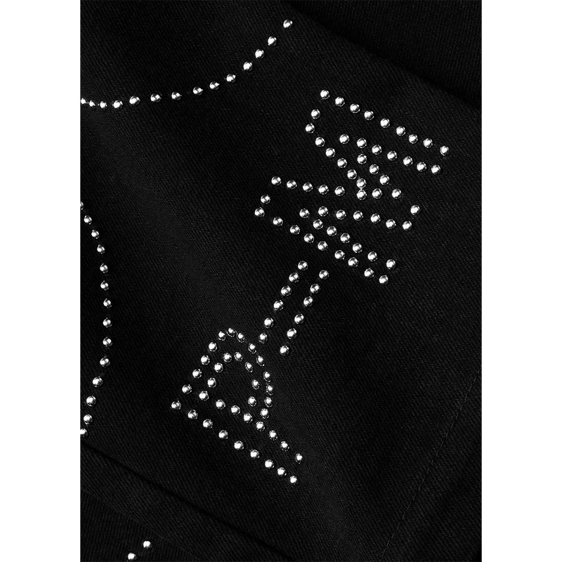 Close-up detail of silver stud embellishments and co-branded PM H-D graphics on Post Malone x H-D Studded Horsepower Denim Pants