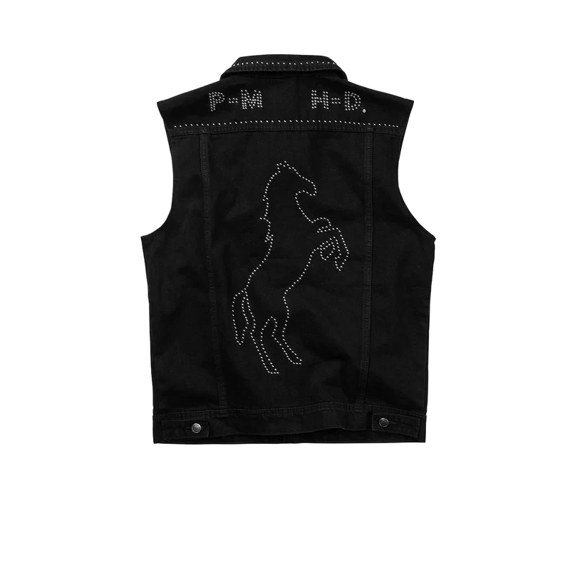 Post Malone x H-D Studded Horsepower Slim Fit Denim Vest back view featuring rhinestone horse graphic and custom studded artwork
