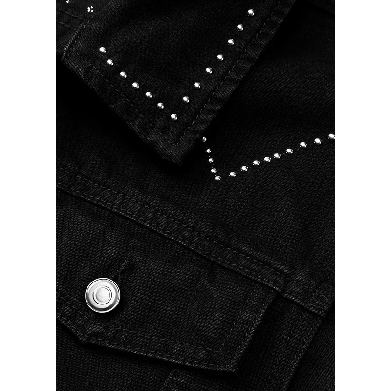 Close-up detail of studded collar and western-inspired trim on the Post Malone x H-D Studded Horsepower Slim Fit Denim Vest