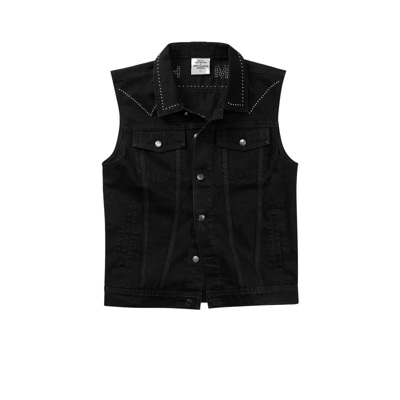 Post Malone x H-D Studded Horsepower Slim Fit Denim Vest front view featuring black denim construction with silver stud detailing