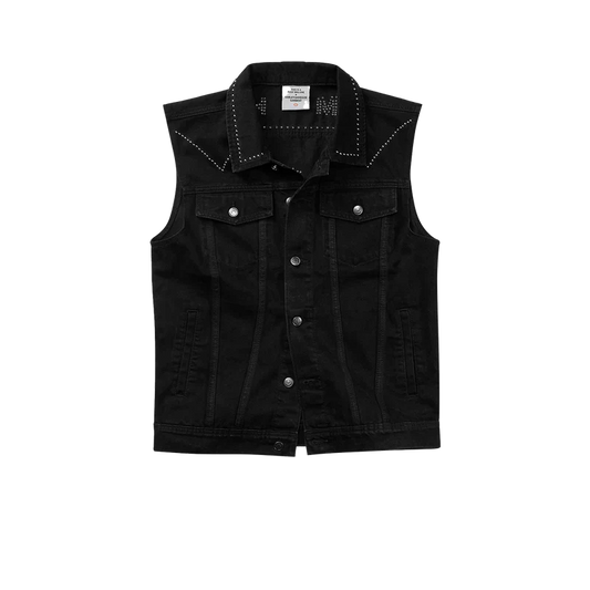 Post Malone x H-D Studded Horsepower Slim Fit Denim Vest front view featuring black denim construction with silver stud detailing