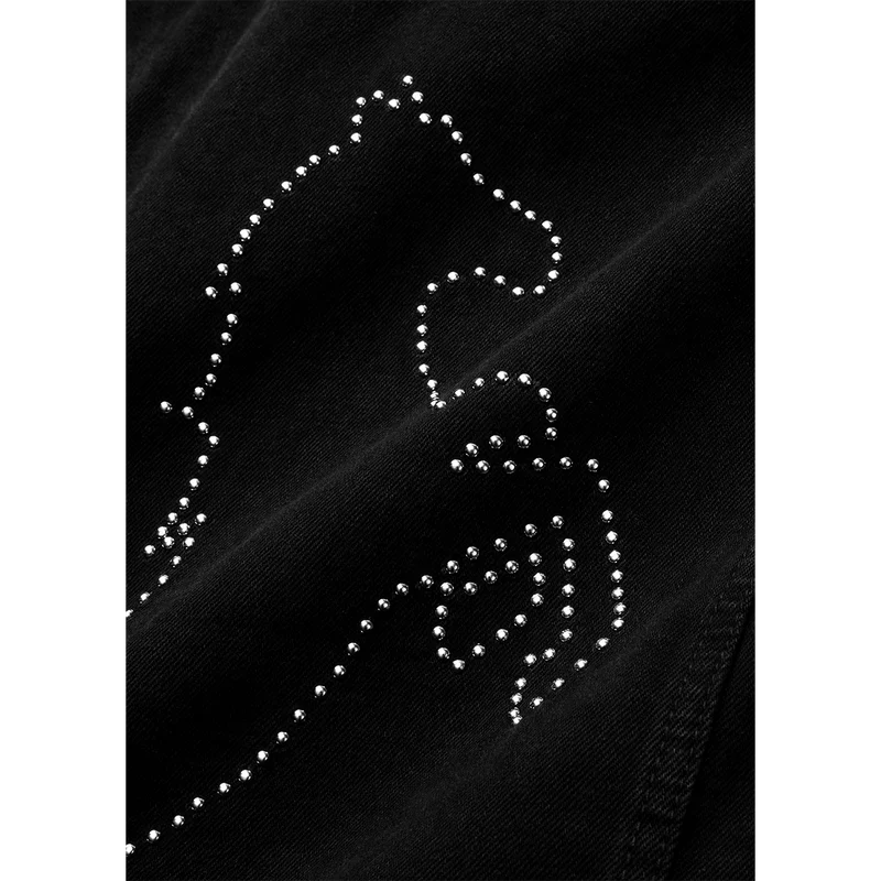 Close-up detail of rhinestone horse graphic on the back of the Post Malone x H-D Studded Horsepower Slim Fit Denim Vest