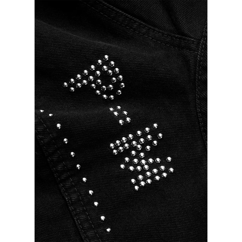 Close-up detail of silver stud embellishments on the Post Malone x H-D Studded Horsepower Slim Fit Denim Vest