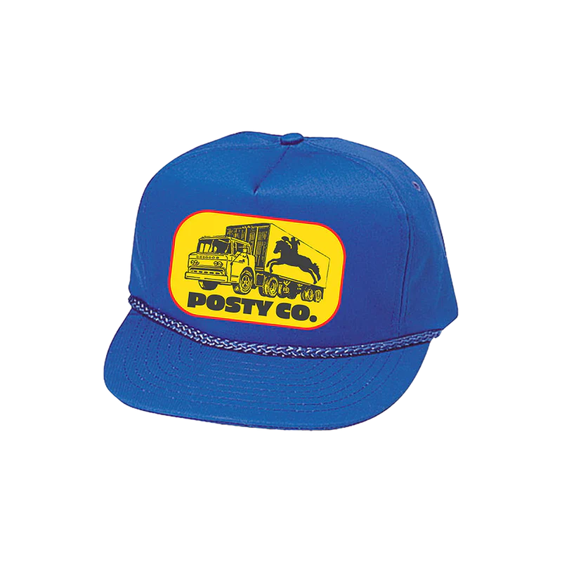 Post Malone Posty Co Blue Hat front view featuring vintage delivery truck and horse graphic patch on bright blue snapback cap with western inspired Posty Co branding