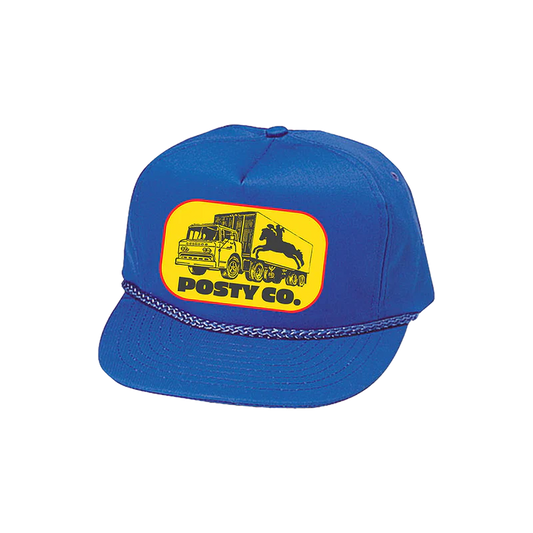 Post Malone Posty Co Blue Hat front view featuring vintage delivery truck and horse graphic patch on bright blue snapback cap with western inspired Posty Co branding
