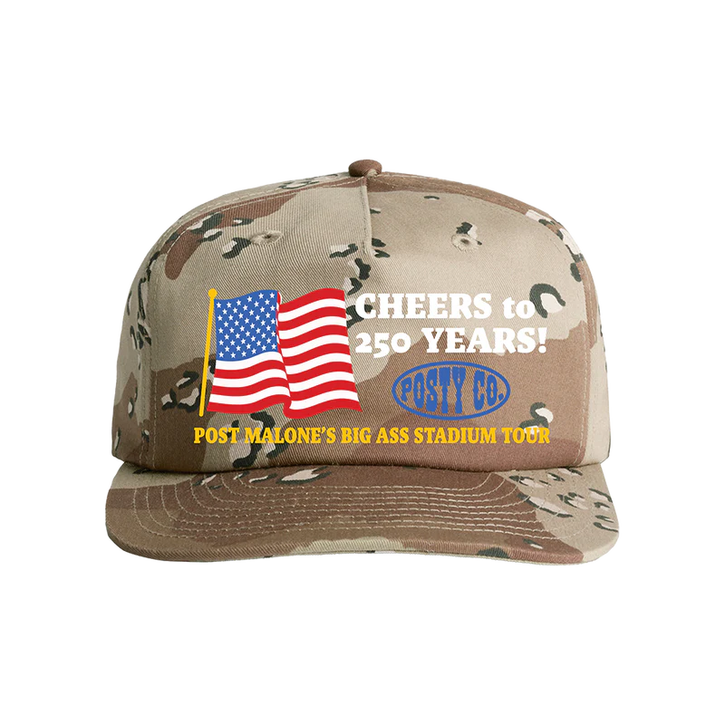 Posty Co. Flag Hat front view with camo design, USA flag artwork, Cheers to 250 Years text, and Post Malone Big Ass Stadium Tour logo