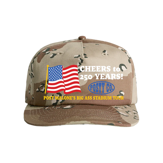 Posty Co. Flag Hat front view with camo design, USA flag artwork, Cheers to 250 Years text, and Post Malone Big Ass Stadium Tour logo
