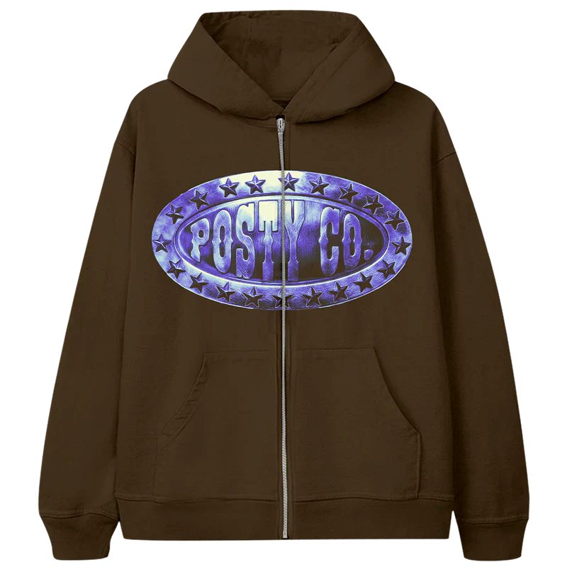 Posty Co Zip Hoodie front view in brown featuring oversized metallic Posty Co oval logo graphic with star detailing full zip closure hooded design and premium Post Malone streetwear style hoodie
