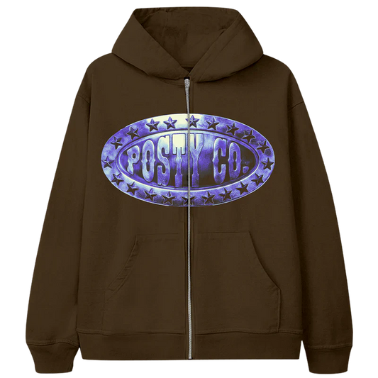 Posty Co Zip Hoodie front view in brown featuring oversized metallic Posty Co oval logo graphic with star detailing full zip closure hooded design and premium Post Malone streetwear style hoodie