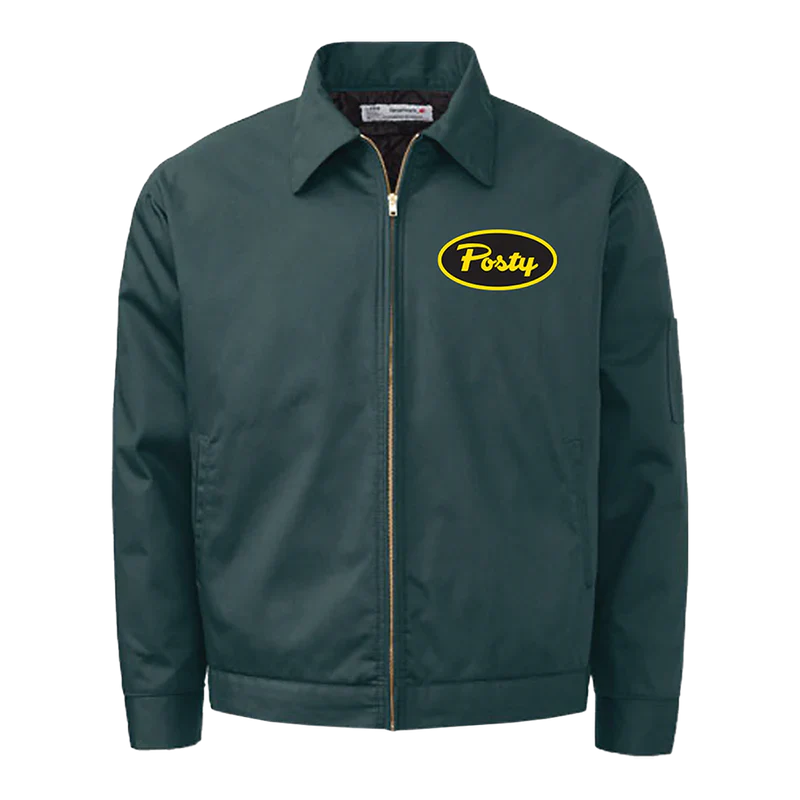 Posty Work Jacket front view in dark green featuring embroidered Posty oval logo chest graphic full zip closure collared workwear style and utility inspired design for Post Malone fans