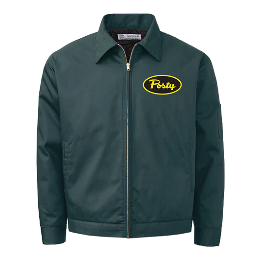Posty Work Jacket front view in dark green featuring embroidered Posty oval logo chest graphic full zip closure collared workwear style and utility inspired design for Post Malone fans
