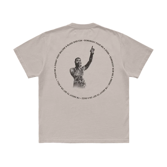 Post Malone Pour Me A Drink T-Shirt back view with performance portrait graphic and circular song title artwork from F-1 Trillion collection