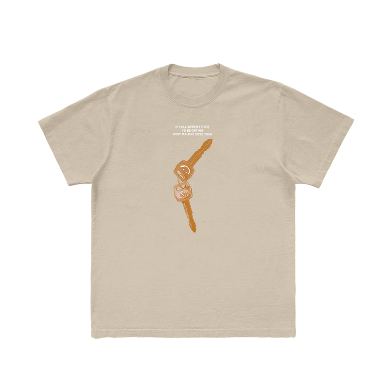Post Malone Sand Keys T-Shirt front view featuring Austin motel room key artwork with If Y’all Weren’t Here I’d Be Crying Tour branding printed on a vintage sand-colored cotton tee from the Austin merchandise collection